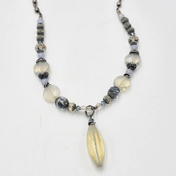 Vintage Desert Heart Glowing Opalite Y Drop Sterling Silver 18" Necklace - Picture 1 of 6